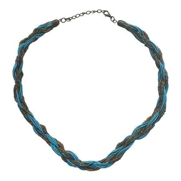 Braided vintage retro style turquoise gold and rainbow strands necklace 19 in - Picture 7 of 11